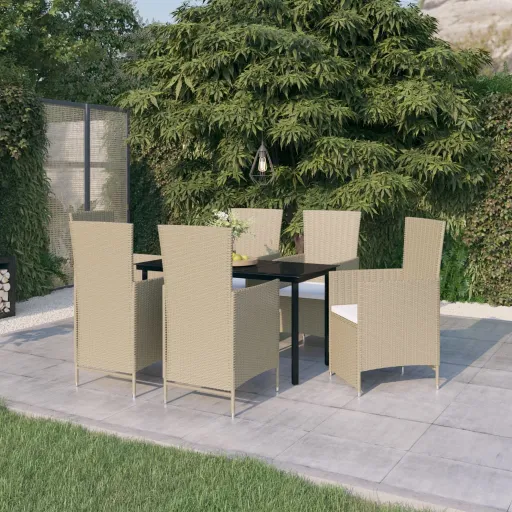 Conjunto de Jantar para Jardim com Almofadões Bege (7 pcs)