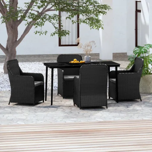 Conjunto de Jantar p/ Jardim c/ Almofadões Preto (5 pcs)
