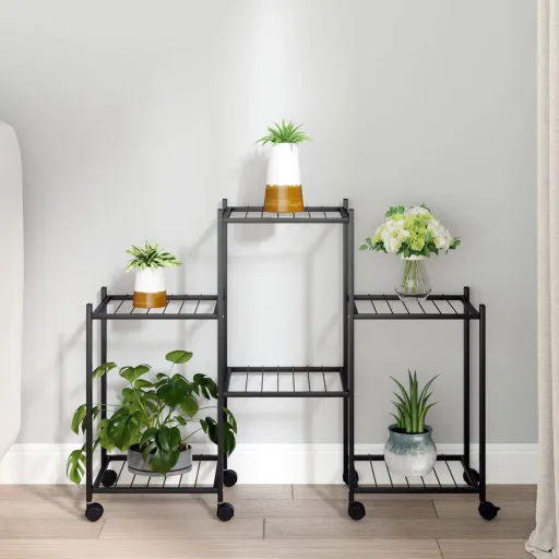 Suporte de Vasos c/ Rodas 83x25x63,5 cm Ferro Preto