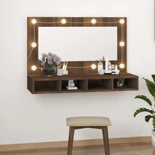 Armário Espelhado com LED 90x31,5x62 cm Carvalho Castanho