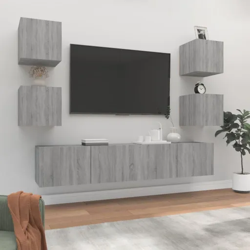 Conjunto Móveis de TV   Madeira Processada Sonoma Cinza (6 pcs)