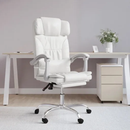 Cadeira de Escritório Reclinável Couro Artificial Branco