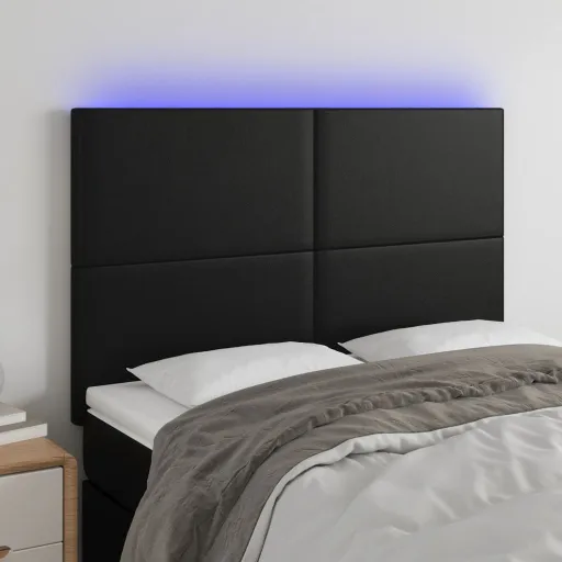 Cabeceira Cama c/ LED Couro Artificial 144x5x118/128 cm Preto