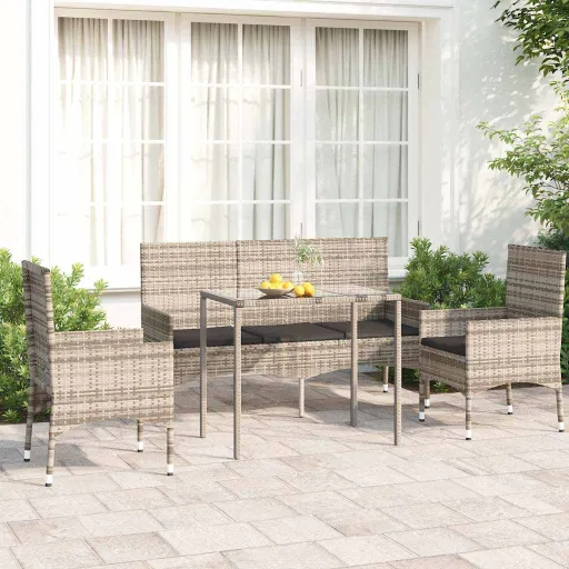 Conjunto Lounge de Jardim c/ Almofadões Vime PE Cinzento (4 pcs)