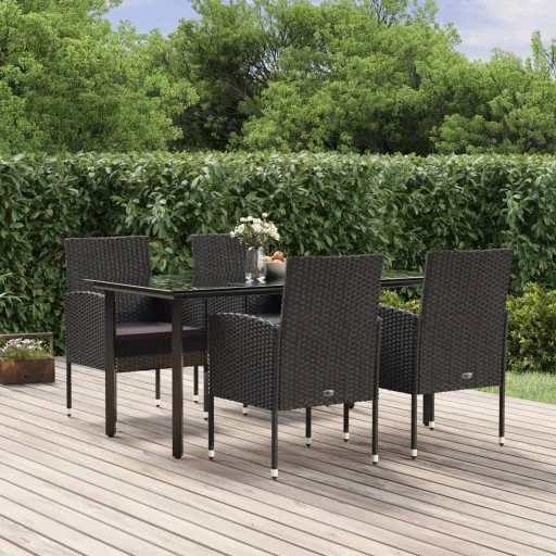 Conjunto de Jantar p/ Jardim c/ Almofadões Vime PE Preto (5 pcs)