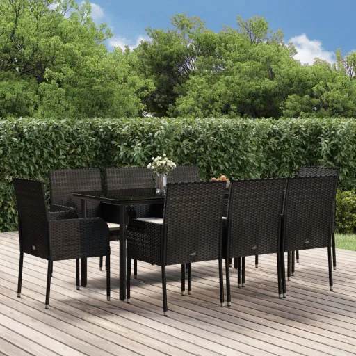 Conjunto de Jantar p/ Jardim c/ Almofadões Vime PE Preto (9 pcs)