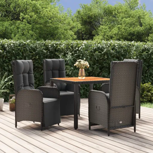 Conjunto de Jantar p/ Jardim c/ Almofadões Vime PE Preto (5 pcs)