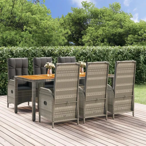 Conjunto de Jantar p/ Jardim c/ Almofadões Vime PE Cinza (7 pcs)