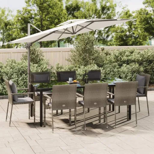 Conjunto Jantar Jardim c/ Almofadões Vime PE Preto/Cinza (9 pcs)
