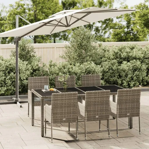 Conjunto de Jantar p/ Jardim c/ Almofadões Vime PE Cinza (7 pcs)