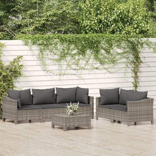 Conjunto Lounge de Jardim c/ Almofadões Vime PE Cinzento (6 pcs)
