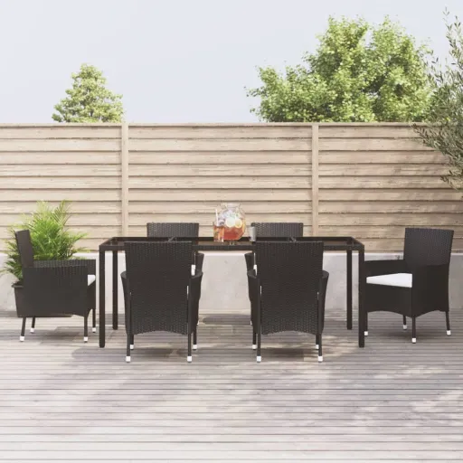 Conjunto de Jantar p/ Jardim c/ Almofadões Vime PE Preto (7 pcs)