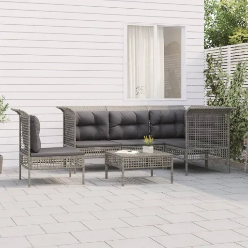Conjunto Lounge de Jardim c/ Almofadões Vime PE Cinzento (6 pcs)