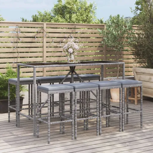 Conjunto de Bar p/ Jardim c/ Almofadões Vime PE Cinzento (9 pcs)