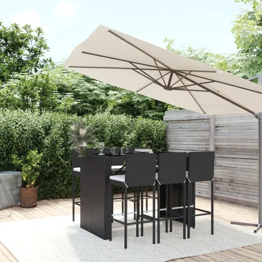 Conjunto de Bar para Jardim c/ Almofadões Vime PE Preto (7 pcs)
