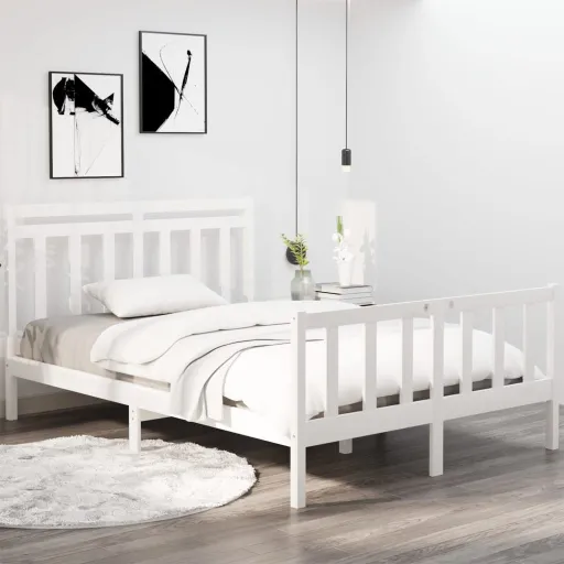 Estrutura de Cama Casal 135x190 cm Madeira Maciça Branco