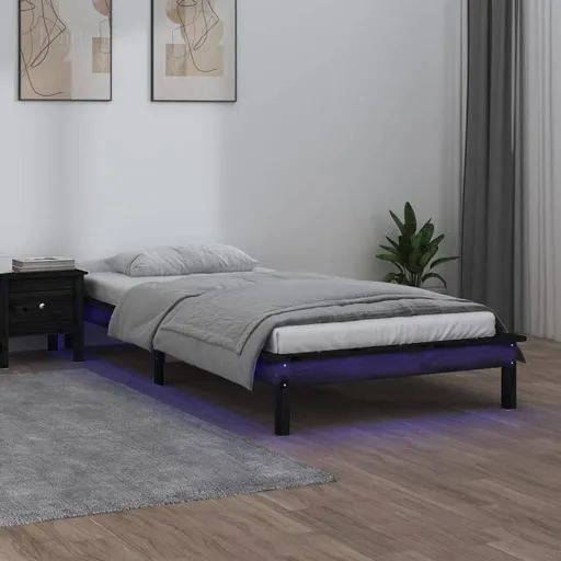 Estrutura de Cama c/ Luzes LED 90x200 cm Madeira Maciça Preto