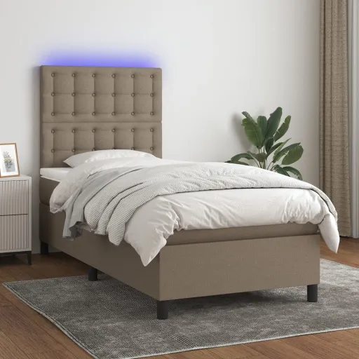 Cama Box Spring + Colchão/LED 90x200cm Tecido Cinza-Acastanhado
