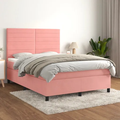 Cama com Molas/Colchão 140x200 cm Veludo Rosa