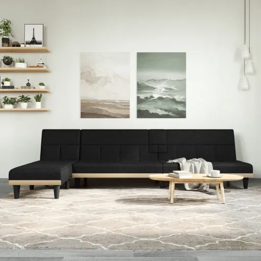 Sofá-Cama em Forma de L 279x140x70 cm Tecido Preto
