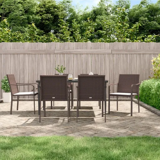 Conjunto de Jantar p/ Jardim c/ Almofadões Vime PE e Aço (7 pcs)