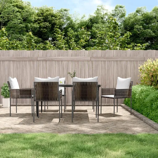 Conjunto de Jantar p/ Jardim c/ Almofadões Vime PE e Aço (7 pcs)
