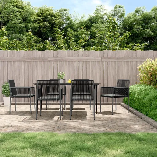 Conjunto Jantar p/ Jardim c/ Almofadões Vime PE/Aço Preto (7 pcs)