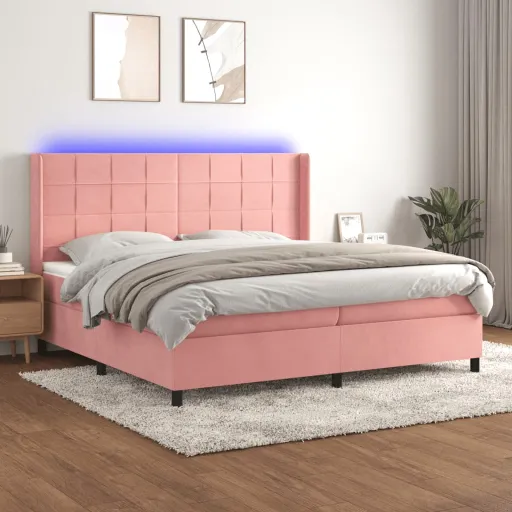 Cama Box Spring c/ Colchão/LED 200x200 cm Veludo Rosa