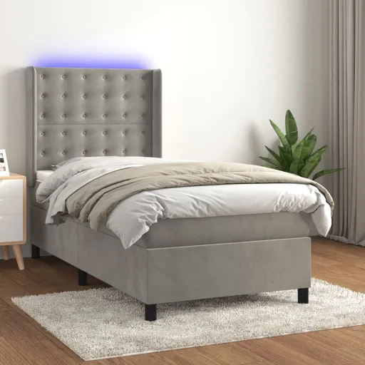 Cama Box Spring c/ Colchão/LED 90x190 cm Veludo Cinzento-Claro