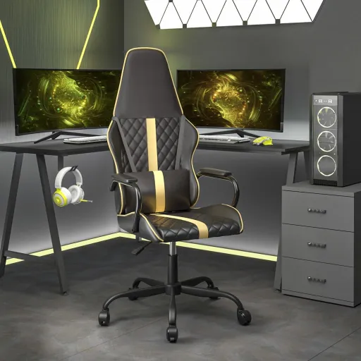 Cadeira Gaming Couro Artificial Preto e Dourado