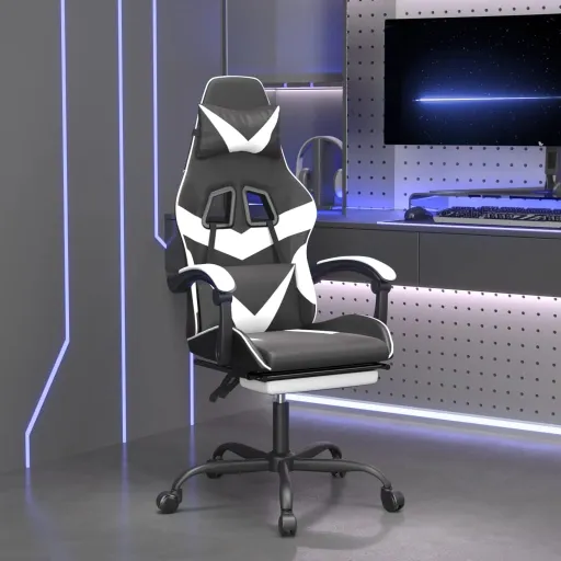 Cadeira de Gaming c/ Apoio Pés Couro Artificial Preto/Branco