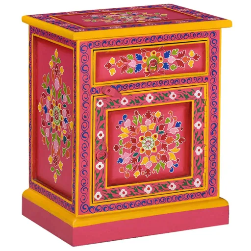 Mesa Cabeceira Madeira de Mangueira Maciça Rosa Pintada à Mão