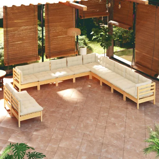 Conjunto Lounge Jardim c/ Almofadões Creme Pinho Maciço (11 pcs)