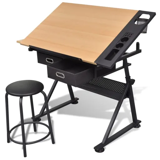 Mesa de Desenho com Tampo Inclinável/Banco/2 Gavetas