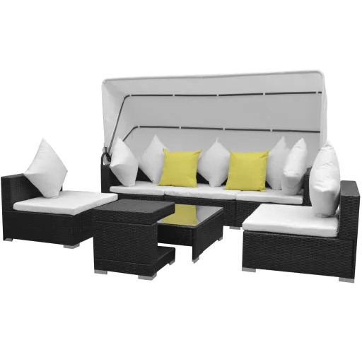 Conjunto de Sofá para Jardim com Toldo Vime PE Preto (7 pcs)