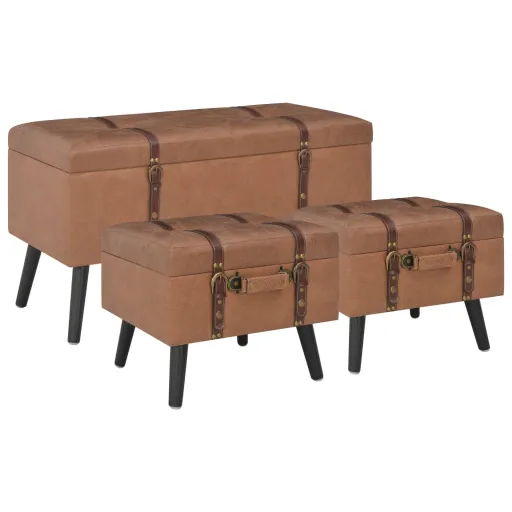 Bancos de Arrumação   Couro Artificial Castanho (3 pcs)