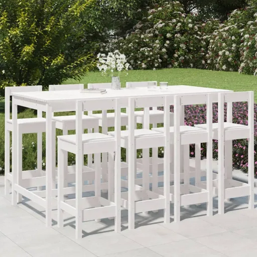 Conjunto de Bar para Jardim Pinho Maciço Branco (9 pcs)