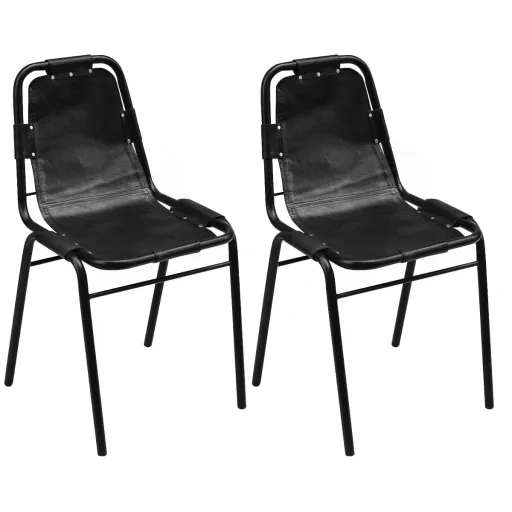 Cadeiras de Jantar   Couro Genuíno Preto (2 pcs)