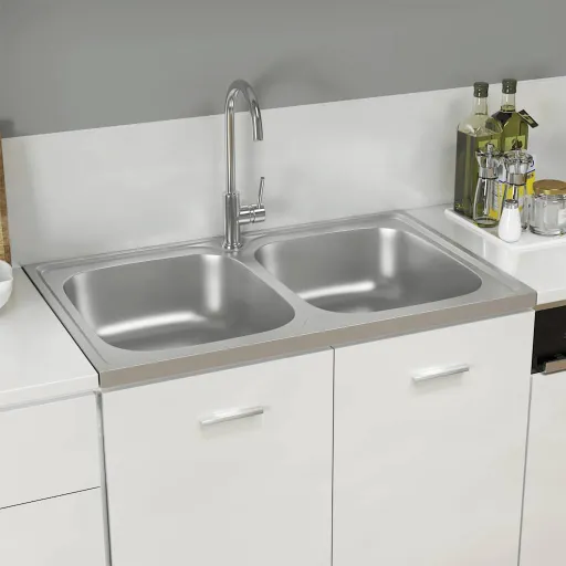 Lava-Louça Cozinha + Cuba Dupla 800x500x155mm Aço Inox Prateado