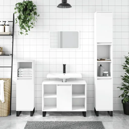 Conjunto Móveis Casa de Banho Derivados de Madeira Branco (3 pcs)