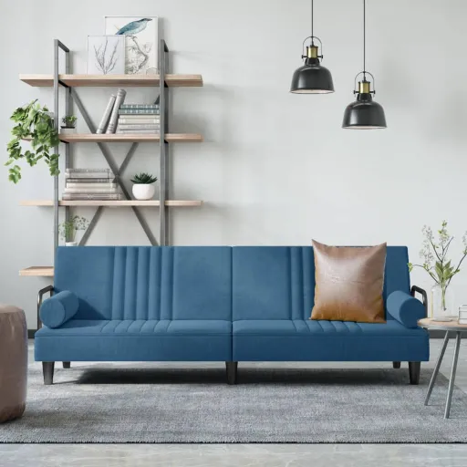 Sofá-Cama com Apoio de Braços Veludo Azul