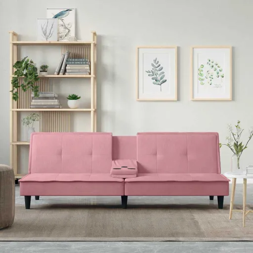 Sofá-Cama com Suporte para Copos Veludo Rosa