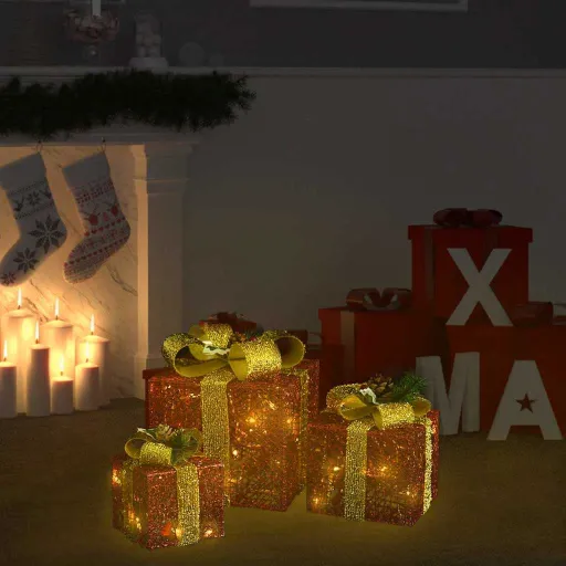 Caixas de Presente de Natal Decorativas   Int/Ext. Vermelho (3 pcs)