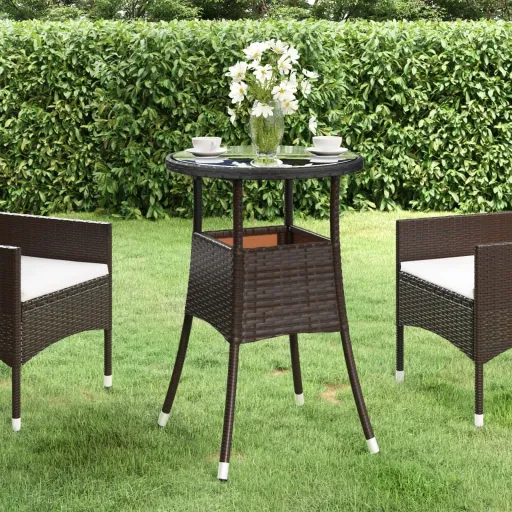 Mesa de Jardim Ø60x75 cm Vidro Temperado e Vime PE Castanho