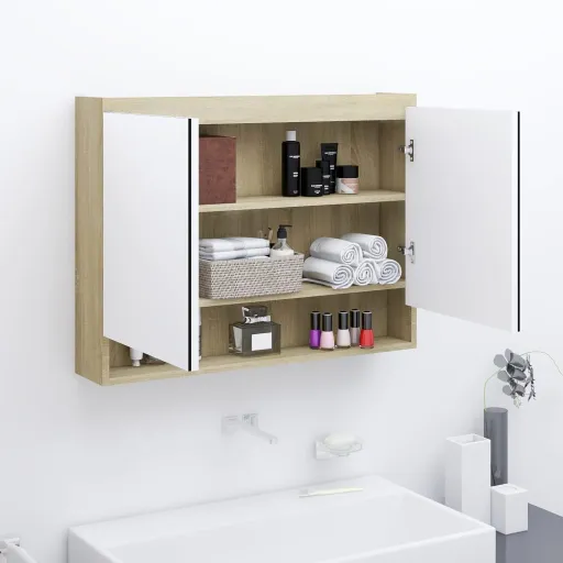 Armário Espelhado p/ Casa Banho 80x15x60 cm MDF Branco/Carvalho