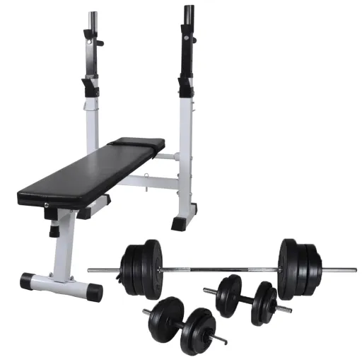 Banco Musculação c/ Suporte p/ Pesos + Barras e Halteres 60,5kg