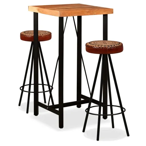 Conjunto Bar   Madeira Acácia Maciça Couro Genuíno e Lona (3 pcs)