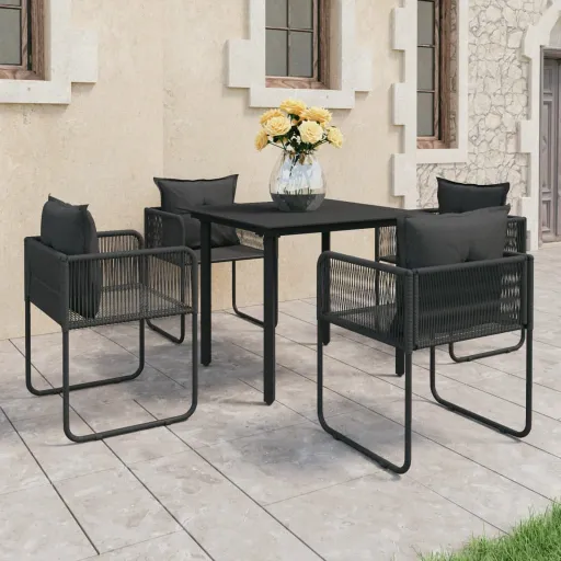 Conjunto de Jantar para Jardim Vime de PVC Preto (5 pcs)