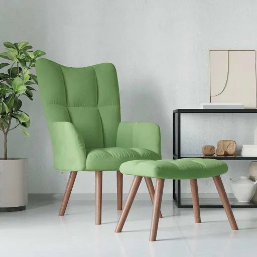 Cadeira de Descanso com Banco Veludo Verde-Claro