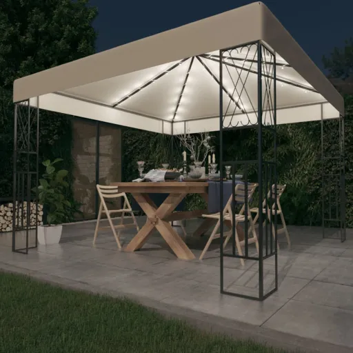 Gazebo com Cordões de Luzes LED 3x3 m Tecido Cor Creme